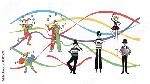 Circus performers, a captivating illustration: Capture the whimsical energy of a circus with acrobats, clowns, jugglers, and a sense of wonder.