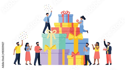 Gift Giving Celebration: A vibrant scene of people gathered to exchange gifts, with colorful boxes stacked high. An expression of joy and togetherness for a happy event.