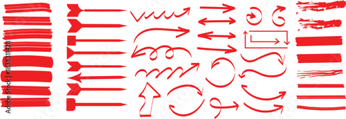 Collection of various hand drawn red marker arrows underlines and highlight strokes for design elements.