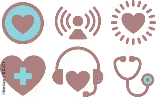 Heart icon set with stethoscope, headset, medical cross, communication waves, healthcare and support symbols, wellness vector illustration for hospital, clinic,