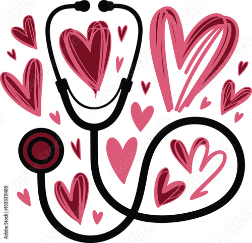 Stethoscope with red hearts, medical love concept, healthcare compassion symbol, nurse care illustration, hospital empathy, wellness vector art, emotional health design