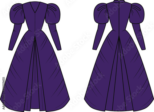 Historical-style purple dress front and back view, puff sleeves, V-neckline, pleated skirt, fitted bodice, fashion illustration, garment sketch, clothing design vector