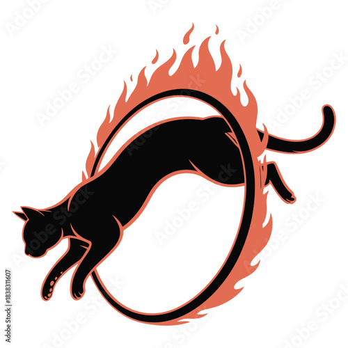 Black panther jumping through a fiery hoop in a dynamic circus show illustration, depicting agility and performance on a transparent background