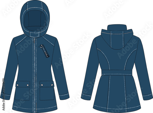 hooded women’s jacket front and back view, technical flat sketch with zipper, belt, flap pockets, stitching detail, vector illustration for fashion design