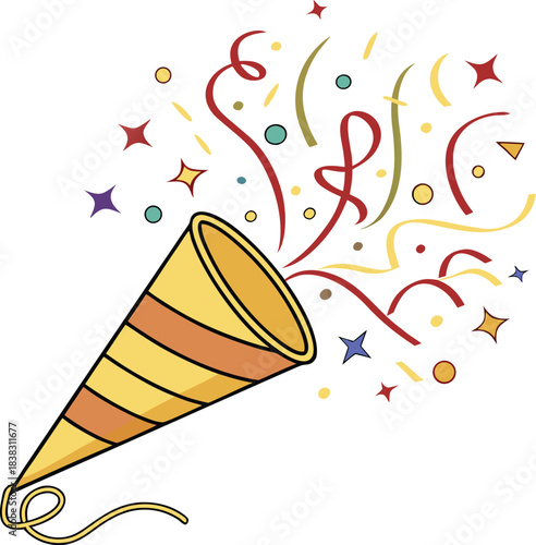A colorful party popper with confetti explosion of joy