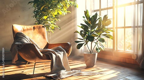 Scandinavian style living space cozy furniture plant high resolution picture