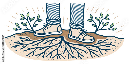 Person standing with feet rooted and growing plants