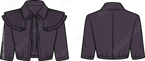 Cropped jacket technical sketch, pleated ruffle collar, front zipper, gathered hem, long sleeves, front and back view, fashion flat, garment design vector illustration