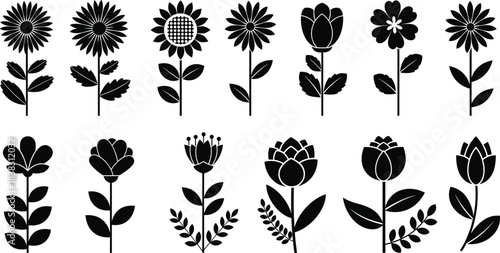 Black Silhouette Vector Collection of Simple Floral Elements: Daisies, Tulips, and Flowers on Stems
