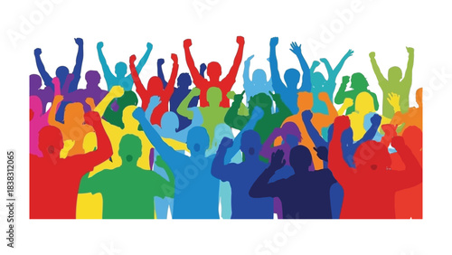 Colorful Crowd Celebrating: A vibrant and diverse group of individuals come together, unified in a shared expression of joy, enthusiasm, and celebration.