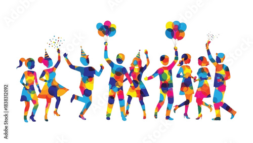 Colorful Celebration: An illustration of a lively gathering, depicted with vibrant splashes of color, capturing the essence of a joyous celebration. People are celebrating.