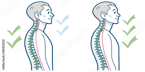 Spinal alignment comparison good posture with checkmarks