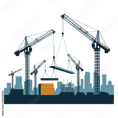 Industrial construction site with heavy machinery like cranes and buildings under development showcasing a cityscape silhouette against a clear transparent background