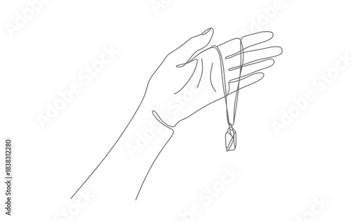 Elegant continuous line drawing of a hand holding a delicate necklace with a pendant