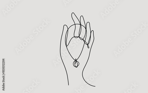 A continuous line drawing of a hand holding a necklace with a round pendant