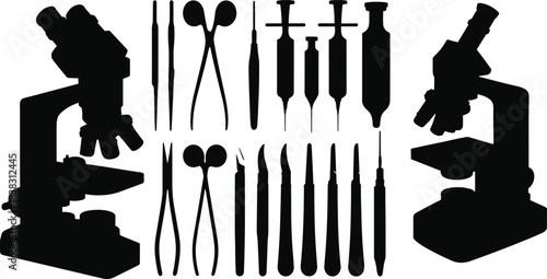 Medical lab tools silhouette set, microscope, syringe, tweezers, forceps, dropper, precision instruments, healthcare diagnostics, science equipment, vector illustration for research