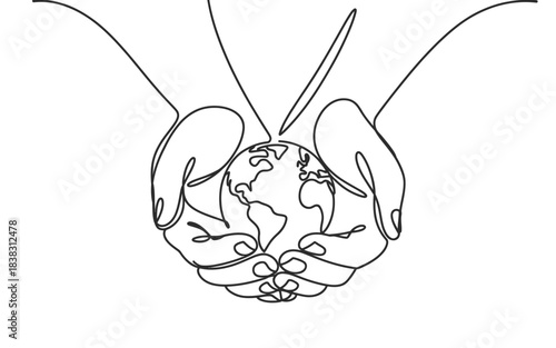 Continuous line drawing of hands holding the planet earth, symbolizing environmental protection.