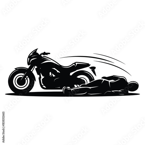 Motorcycle accident illustration depicting a crashed bike and an injured person lying on the ground, creating a stark silhouette against a transparent background