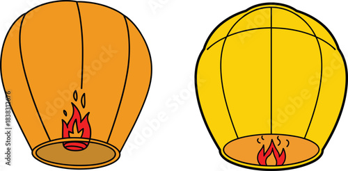 Hot air lantern illustration set, cartoon sky lanterns with flame, floating light concept, festival decor clipart, glowing paper balloon design, night celebration artwork