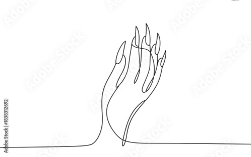 Continuous line art drawing of a spooky hand with long sharp nails