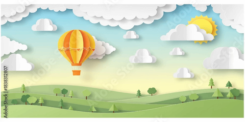 A set of colorful vector banners illustrating a fun summer landscape with hot air balloons flying in the blue sky and green nature