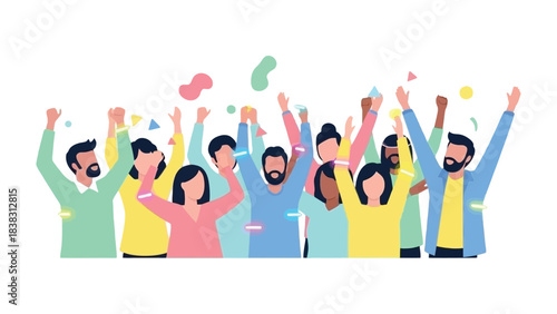 Celebration of Unity: A vibrant illustration depicts a joyful collective, their arms raised high in a moment of communal elation, the air filled with colorful confetti. 