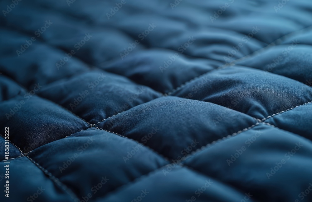 Naklejka premium Close up of quilted navy blue fabric. The texture shows diamond patterns sewn with white thread. Soft material creates a cozy feel, perfect for blankets and upholstery.