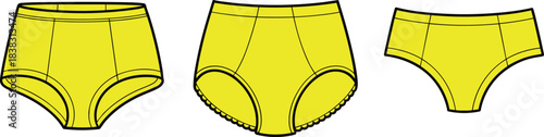 Yellow women’s underwear styles set, fashion lingerie illustration, high-waist and low-rise designs, scalloped edges, minimal contour drawing,
