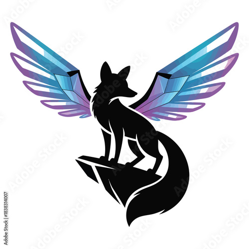 Stylized black silhouette of a majestic fox with abstract gradient crystal wings standing on a rock powerful mythical creature vector illustration fantasy animal art