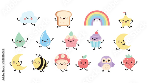 Whimsical Celestial Food: A delightful collection of playful animated food, cloud, rainbow, star, and other celestial and food items, each radiating joy and warmth, in a cartoon-like style.