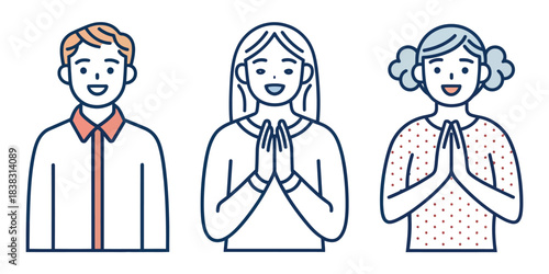 Three People with Hands Clasped in Greeting or Prayer
