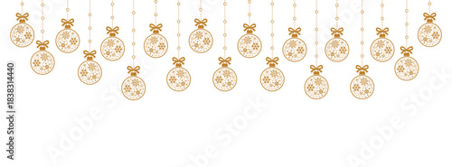 Minimalist Christmas background with hanging gold baubles and white snowflake icons on white space, elegant festive border for holiday greeting cards, invitations, banners, and seasonal graphic design