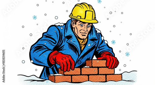 Construction worker laying bricks in snow during winter  