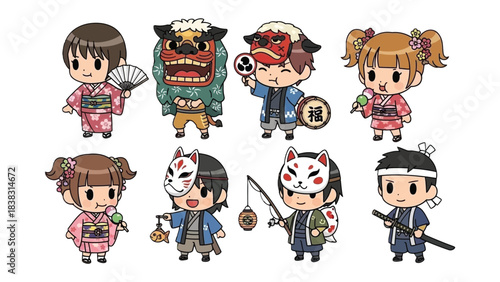 Japanese Traditional Culture: Charming chibi illustrations showcase the rich heritage of Japanese traditions, celebrating cultural symbols and festive costumes.