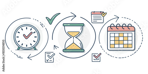 Time management workflow clock hourglass calendar icons