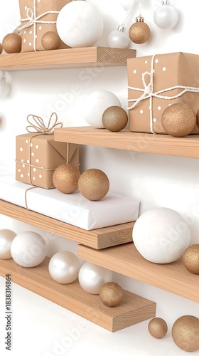 Neutral holiday shelf with wrapped presents featuring kraft gifts, wooden balls, white ceramic spheres, tied, minimalist holiday setup with natural elements
