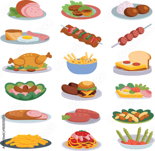 Cartoon food dish illustration set, international cuisine vector icons, colorful meal design, restaurant menu artwork, dietary planning