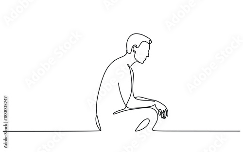 Minimalist continuous line art drawing of a pensive man sitting alone