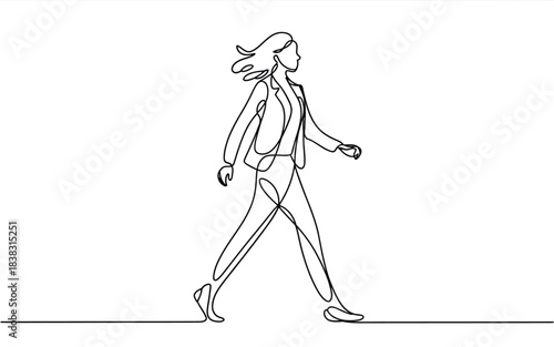 Continuous line art of a confident businesswoman walking forward with elegant stride