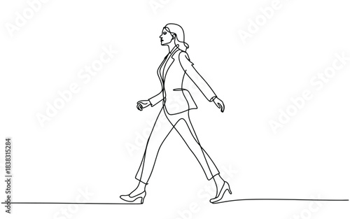 A confident businesswoman strides forward in a continuous single line art illustration