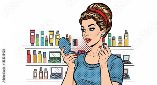 Young woman selecting lipstick in makeup store with shelves behind  