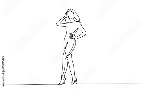 Elegant continuous single line art drawing of a confident woman in a fashionable pose