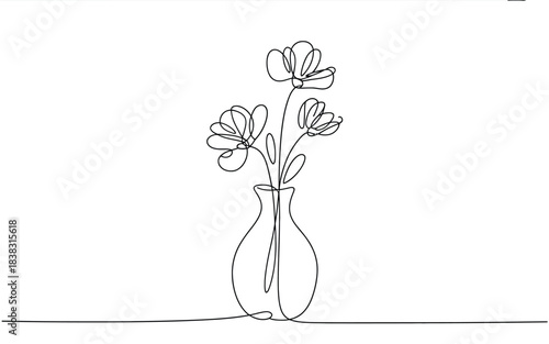 Minimalist continuous line art drawing of three flowers arranged in a simple glass vase