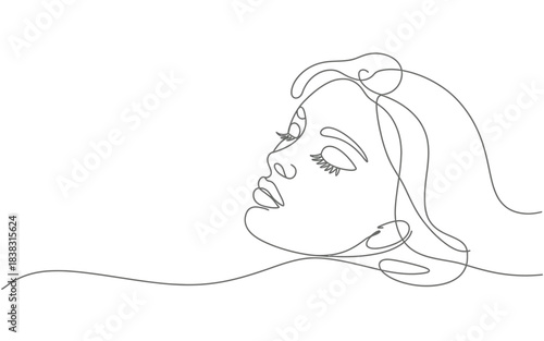 A single continuous line art drawing of a beautiful woman's face in profile, showing peace and serenity