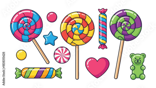 Colorful Confectionery: An array of vibrant candies and lollipops in various shapes and sizes, arranged invitingly, promising a world of sugary delight and sweet indulgence.