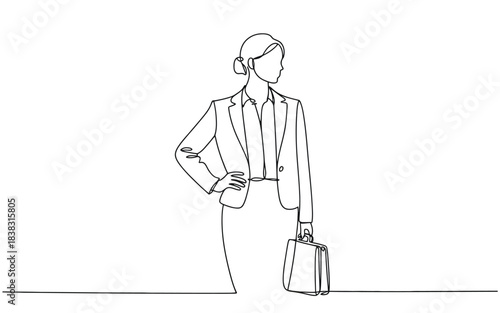 Continuous line drawing of a confident businesswoman standing with a briefcase and hand on hip