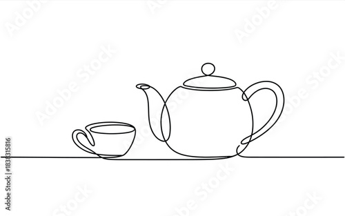 Continuous line drawing of a teapot and teacup representing breakfast concept