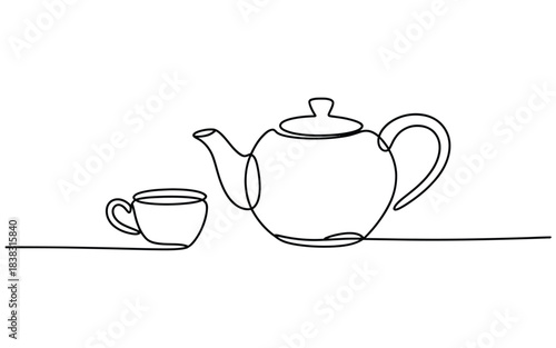 A continuous line art sketch showing an elegant teapot next to a small teacup