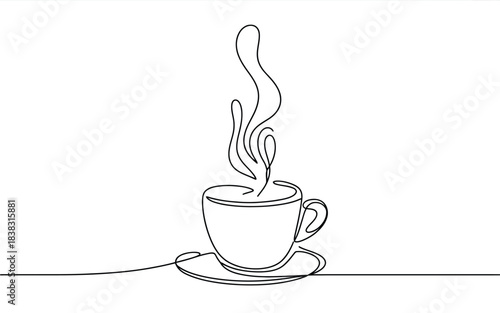 Minimalist continuous line drawing of a steaming coffee cup on a saucer against a white background