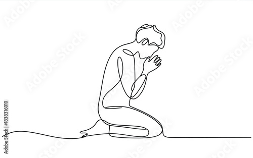 One line drawing of a person kneeling in prayer, reflecting spirituality and devotion